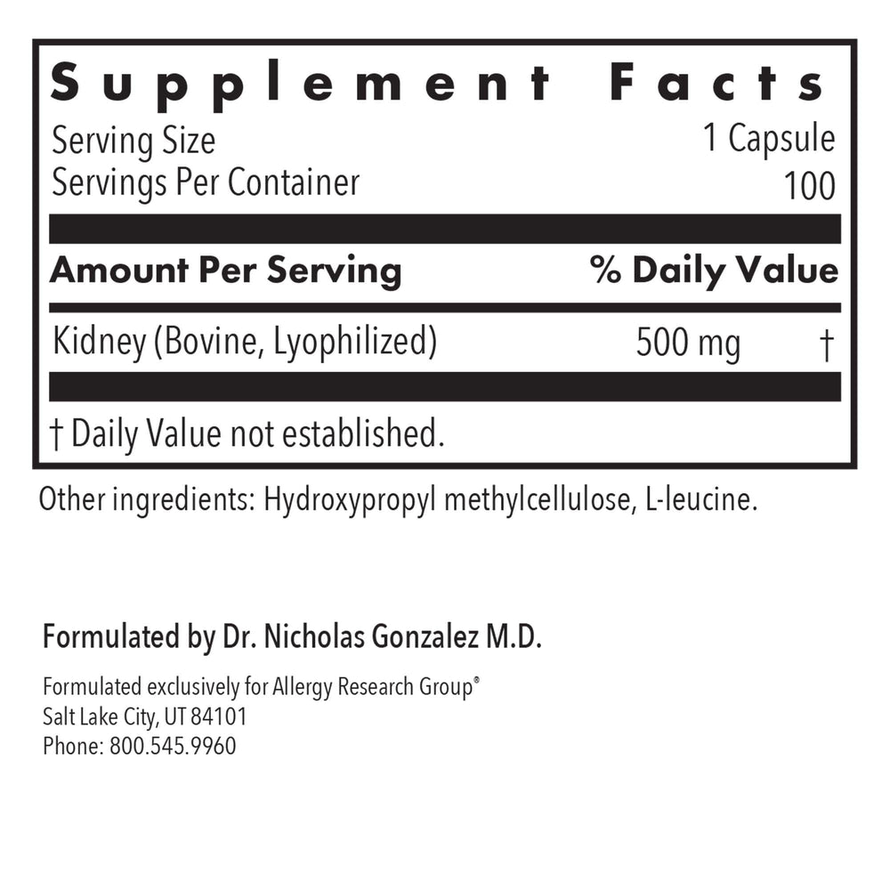 Allergy Research Group Kidney Beef Supplement freeze-drying process preserves glandular tissue potency