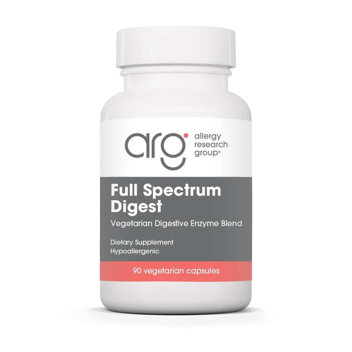 Allergy Research Group Full Spectrum Digest bottle highlighting gluten support and vegan enzymes.