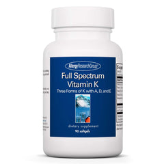 Allergy Research Group Full Spectrum Vitamin K bottle highlighting comprehensive K1, MK-4, MK-7 support for daily nutrition