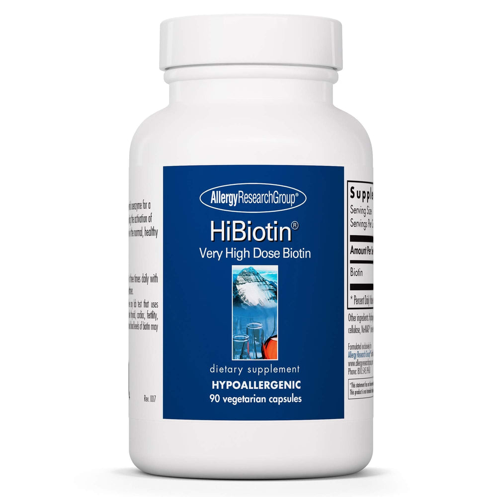 Allergy Research Group HiBiotin bottle cap close showing extra strength biotin for hair, skin, and nails