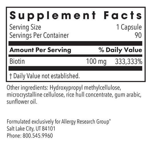 HiBiotin capsules packaging illustrates easy daily dosing and metabolism support
