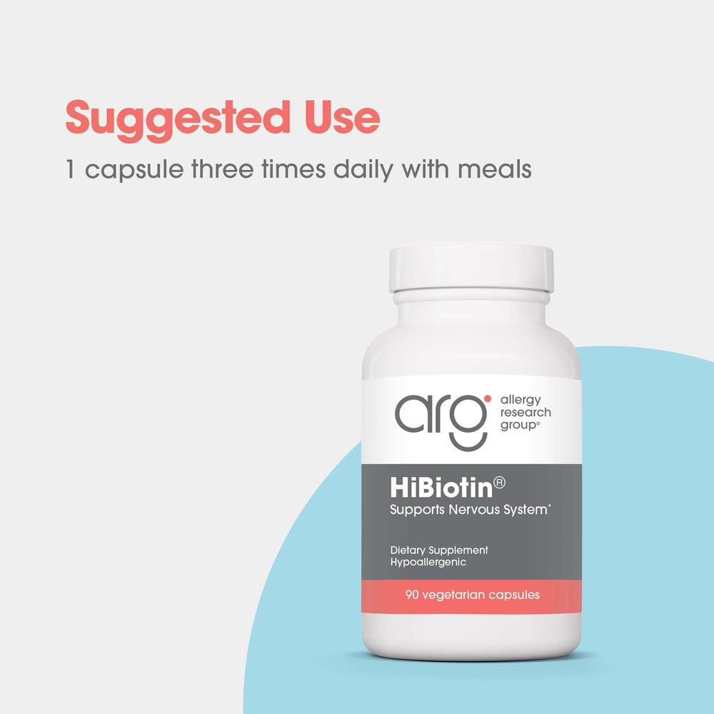 HiBiotin dosage card close-up indicates 1 capsule up to three times daily