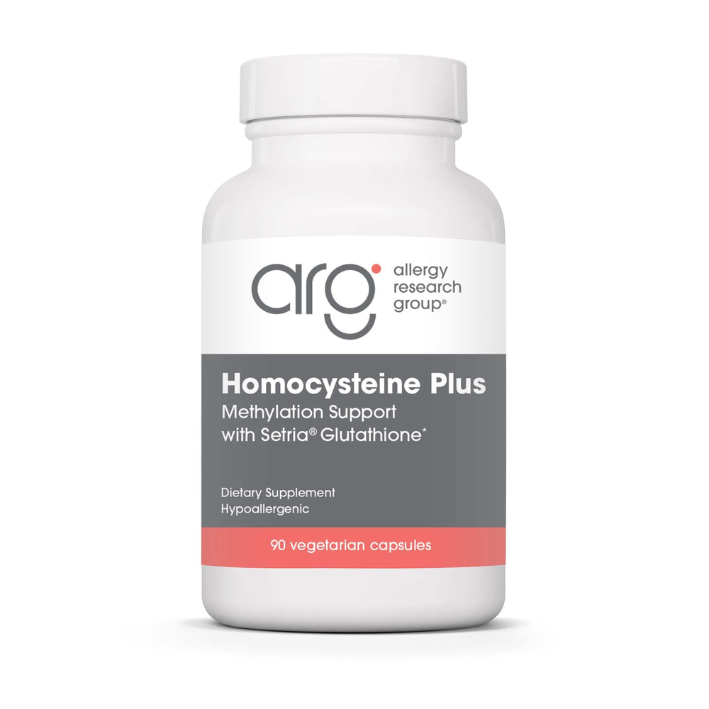 Allergy Research Group Homocysteine Plus bottle highlights Setria glutathione for potential cardiovascular support.