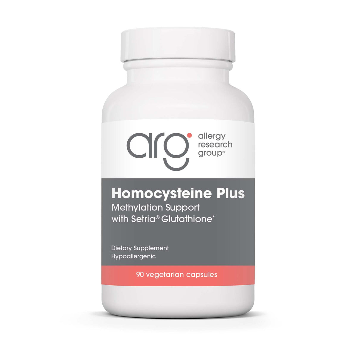 Allergy Research Group Homocysteine Plus bottle highlights Setria glutathione for potential cardiovascular support.