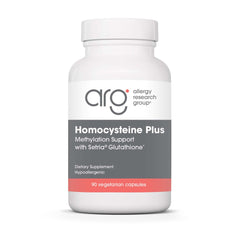 Allergy Research Group Homocysteine Plus bottle highlights Setria glutathione for potential cardiovascular support.