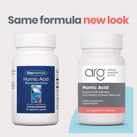 Allergy Research Group Humic Acid bottle label highlights allergen-free purity.