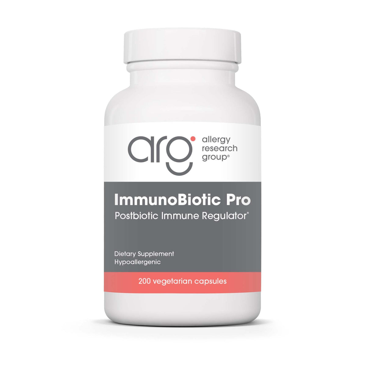 Allergy Research Group ImmunoBiotic Pro bottle label highlights gluten-free formulation for daily wellness.