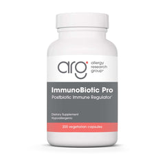 Allergy Research Group ImmunoBiotic Pro bottle label highlights gluten-free formulation for daily wellness.