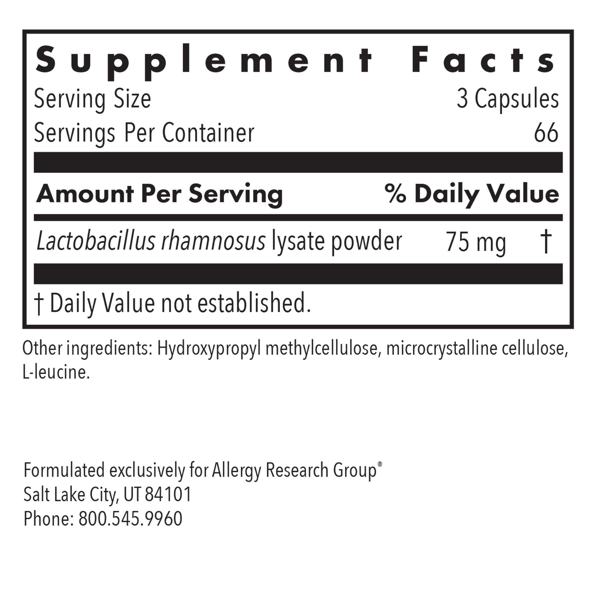 Allergy Research Group ImmunoBiotic Pro side-view bottle highlights allergen-free formulation.