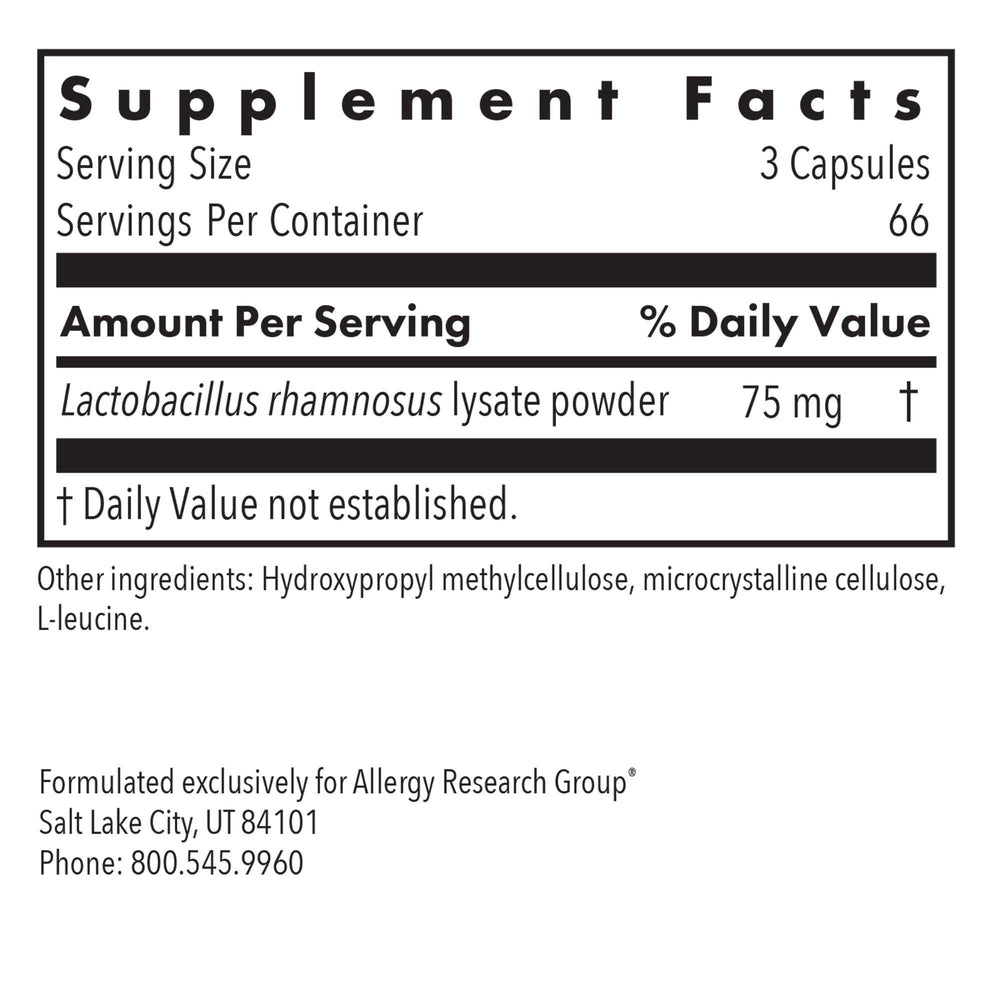 Allergy Research Group ImmunoBiotic Pro side-view bottle highlights allergen-free formulation.