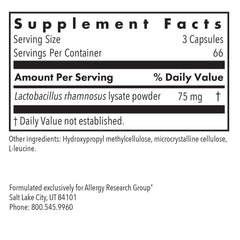 Allergy Research Group ImmunoBiotic Pro side-view bottle highlights allergen-free formulation.