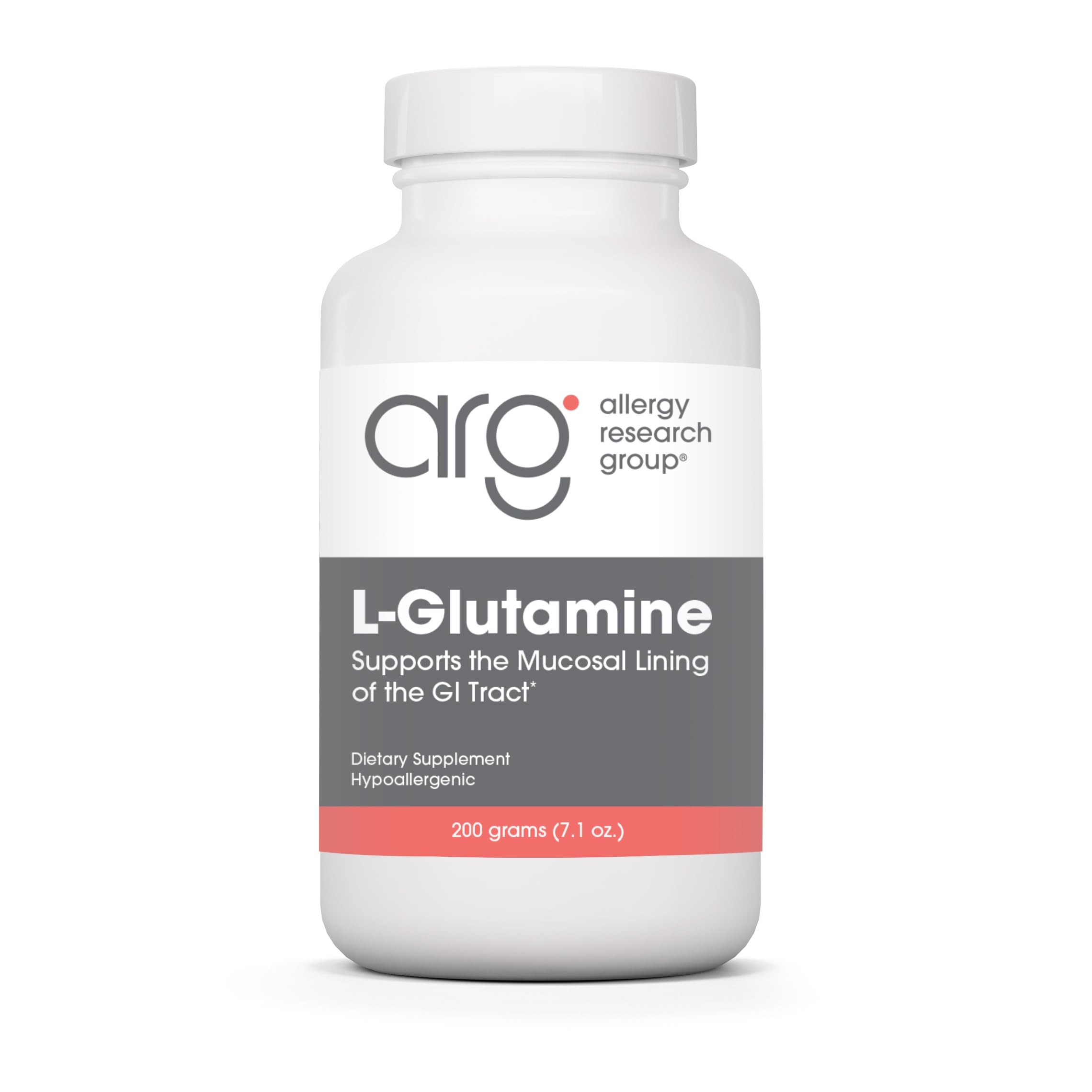 Allergy Research Group L-Glutamine powder bottle with clean hypoallergenic formula.
