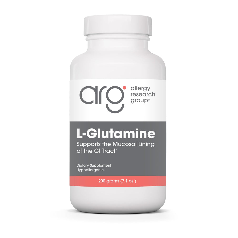 Allergy Research Group L-Glutamine powder bottle with clean hypoallergenic formula.