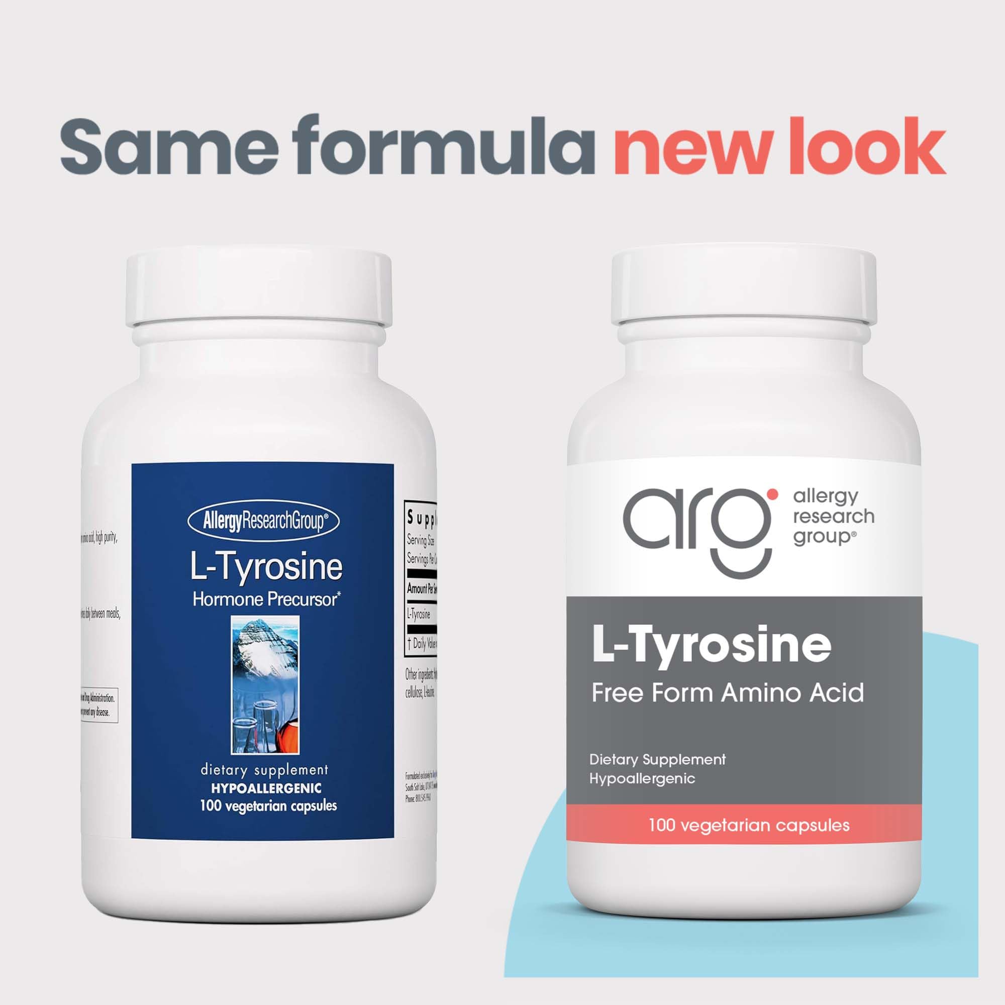 Allergy Research Group L-Tyrosine capsules closeup, highlighting high-purity free-form amino acid.