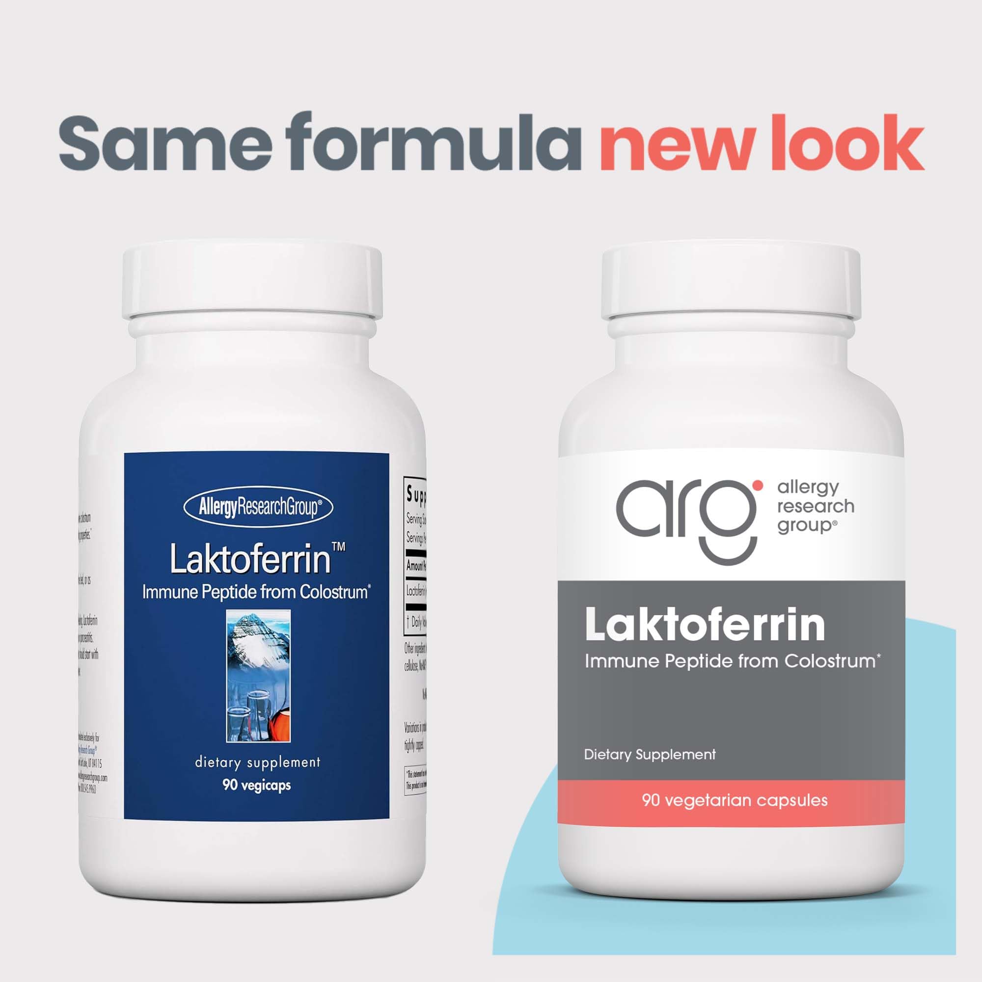 Allergy Research Group Laktoferrin bottle label close-up showing ingredients.