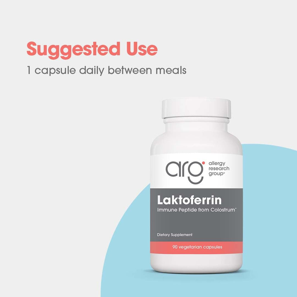 Allergy Research Group Laktoferrin with bovine colostrum origin illustration signaling immune balance.