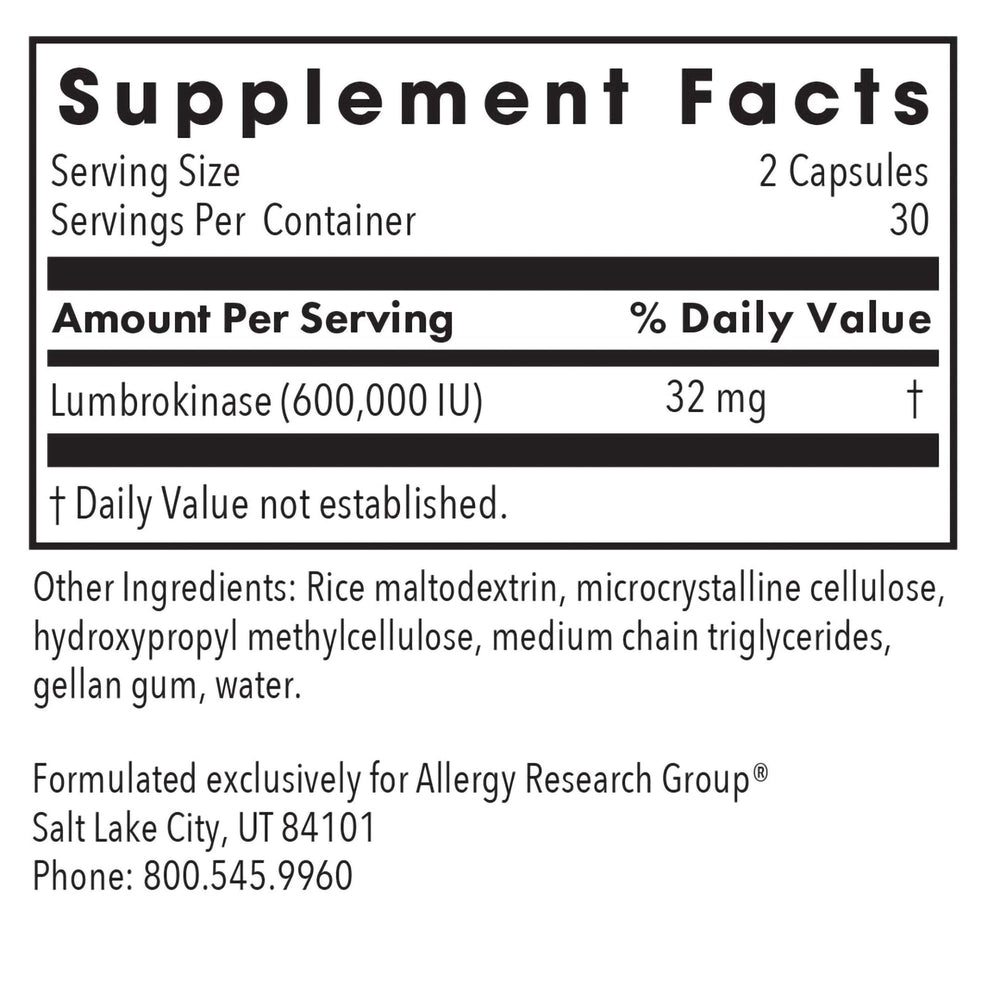 ARG Lumbrokinase daily dosage image shows two capsules twice daily.