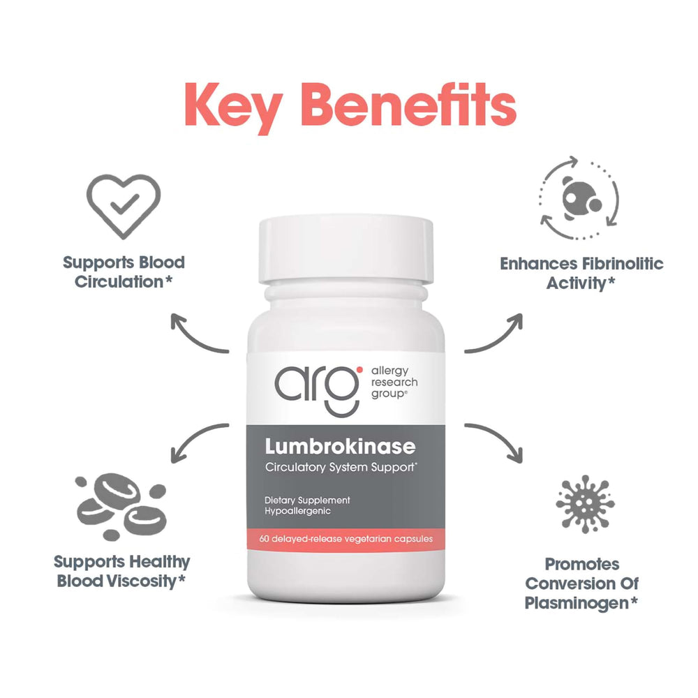 ARG Lumbrokinase gluten-free and non-GMO badge signals clean ingredients.