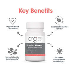 ARG Lumbrokinase gluten-free and non-GMO badge signals clean ingredients.