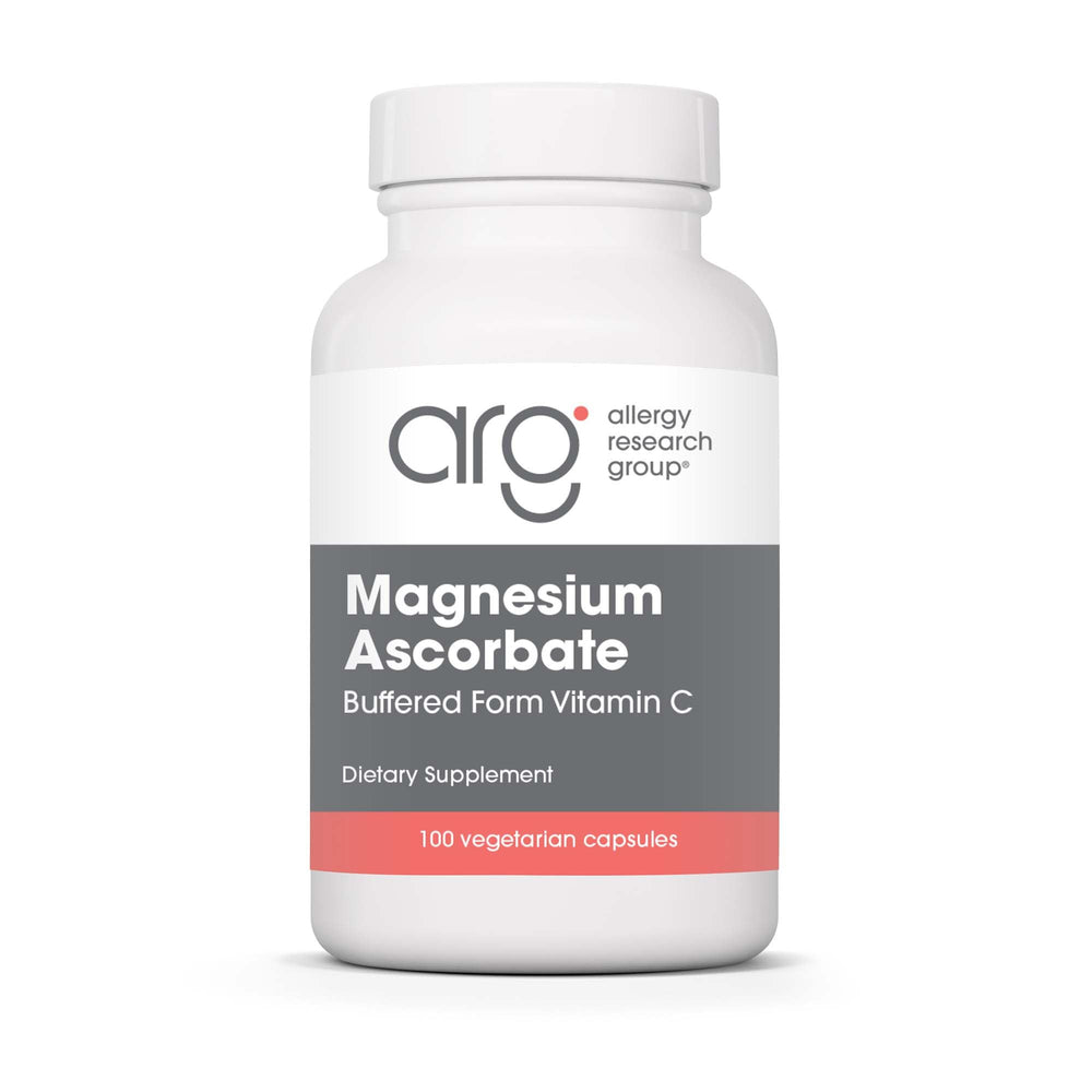 Allergy Research Group magnesium ascorbate bottle shows buffered vitamin C for stomach-friendly use