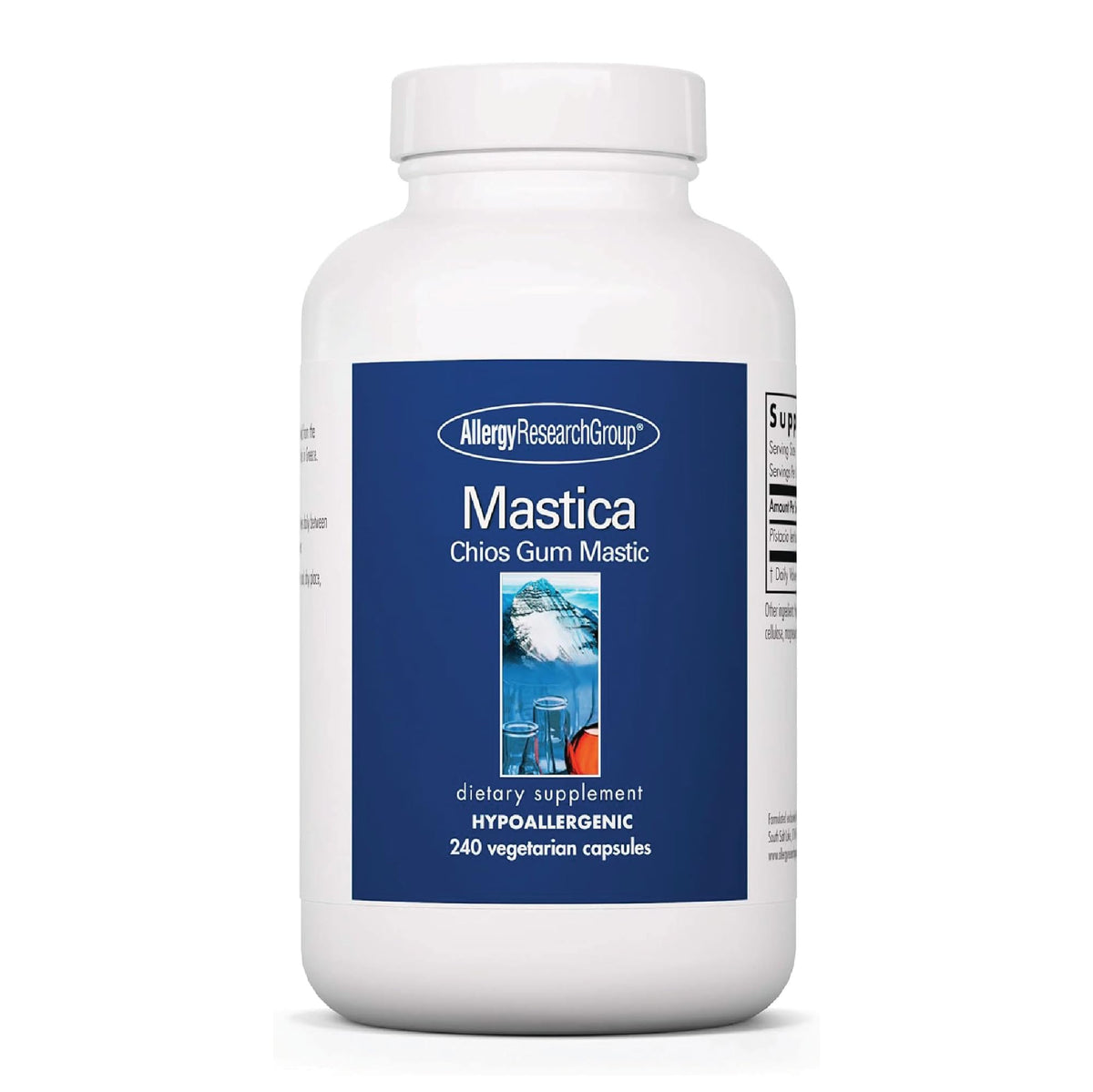 Allergy Research Group Mastica capsules on bottle front, suggesting daily digestive support.