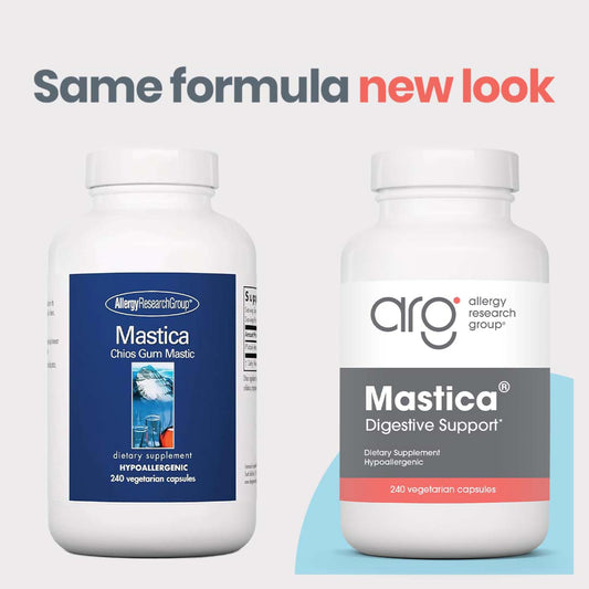 Allergy Research Group Mastica label close-up, highlighting purified mastic resin formula.