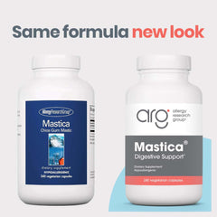Allergy Research Group Mastica label close-up, highlighting purified mastic resin formula.