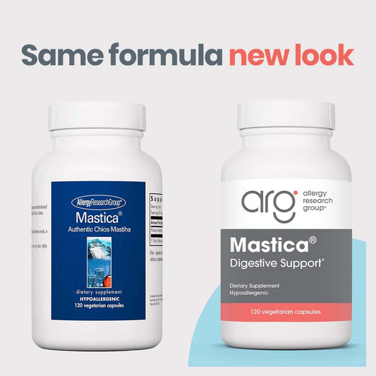 Allergy Research Group Mastica capsules close-up highlights 500 mg mastic resin per serving