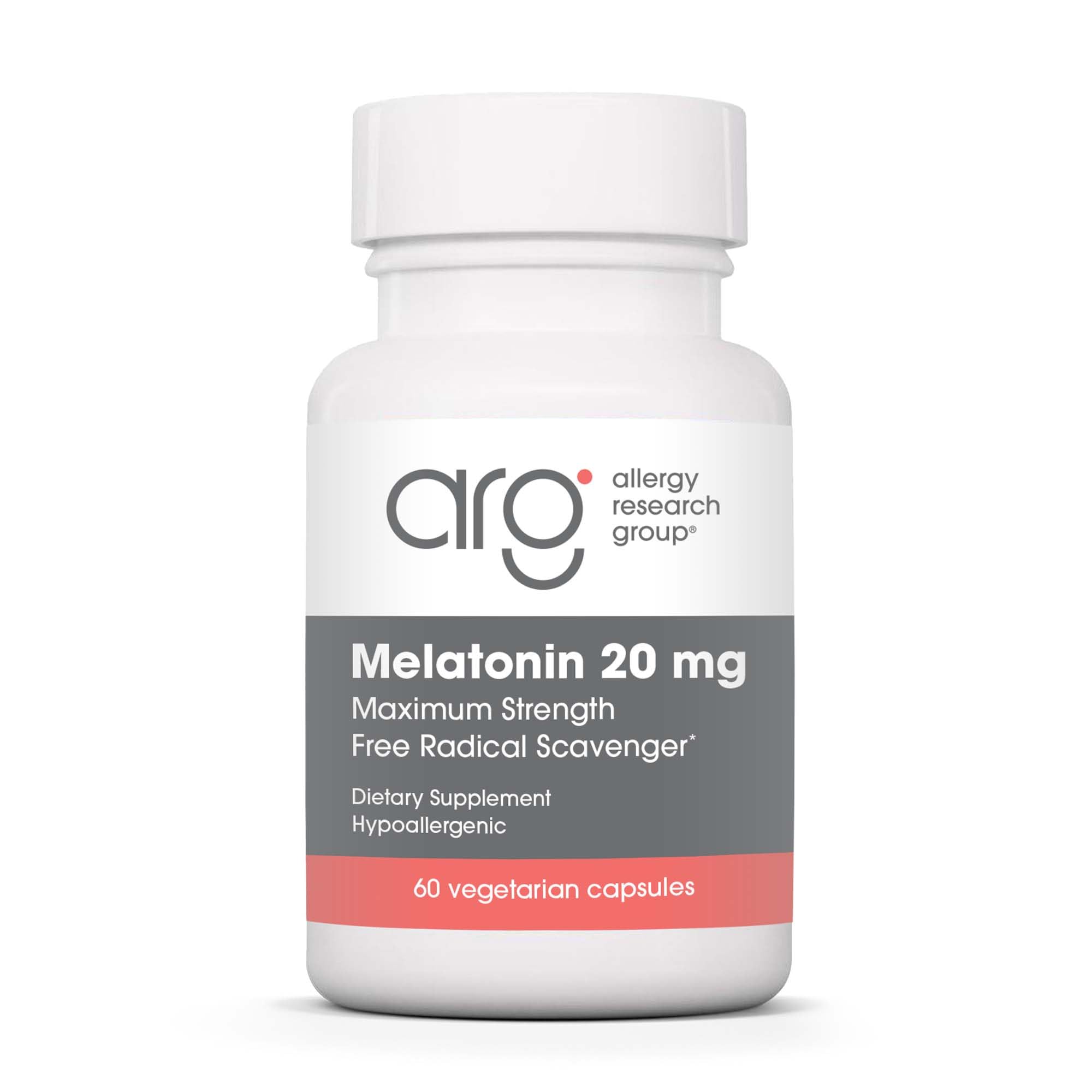 Allergy Research Group Melatonin 20 mg bottle front view for easy nightly use