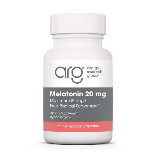 Allergy Research Group Melatonin 20 mg bottle front view for easy nightly use