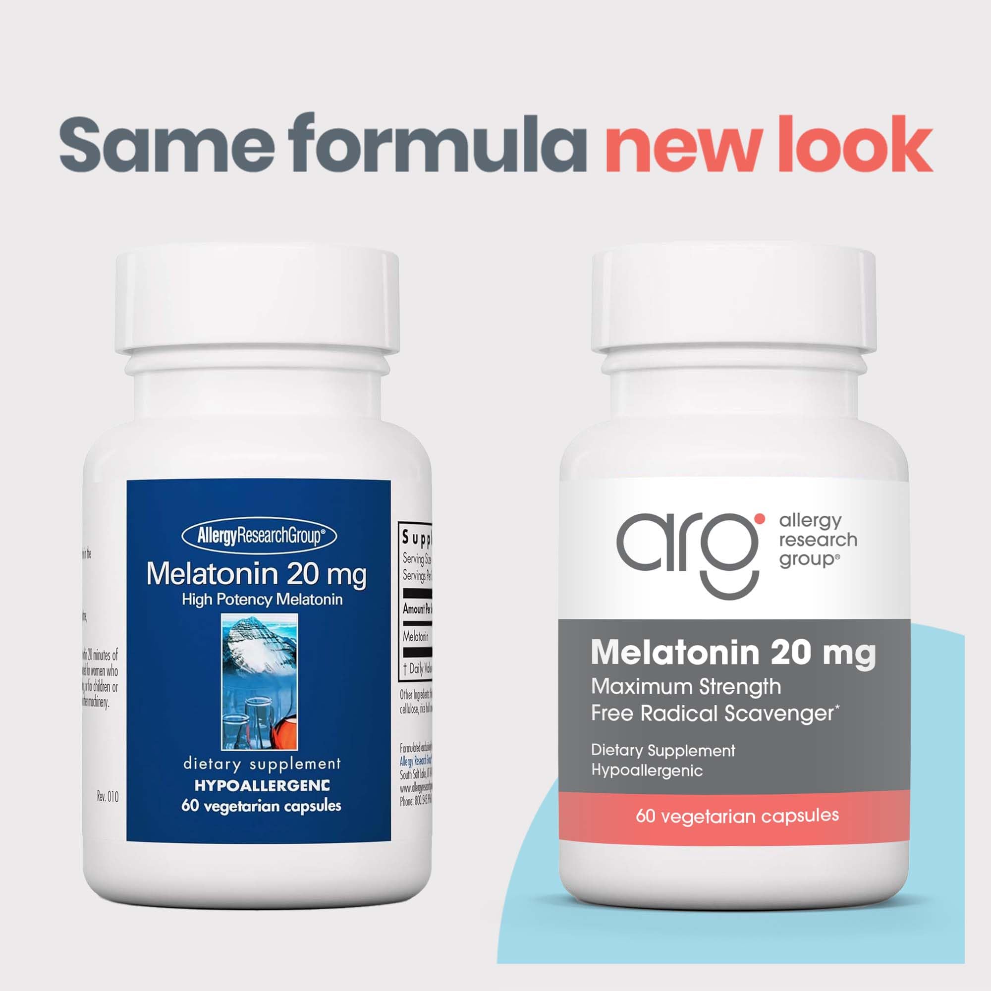 Allergy Research Group Melatonin 20 mg tablets close-up showing dosage for sleep support