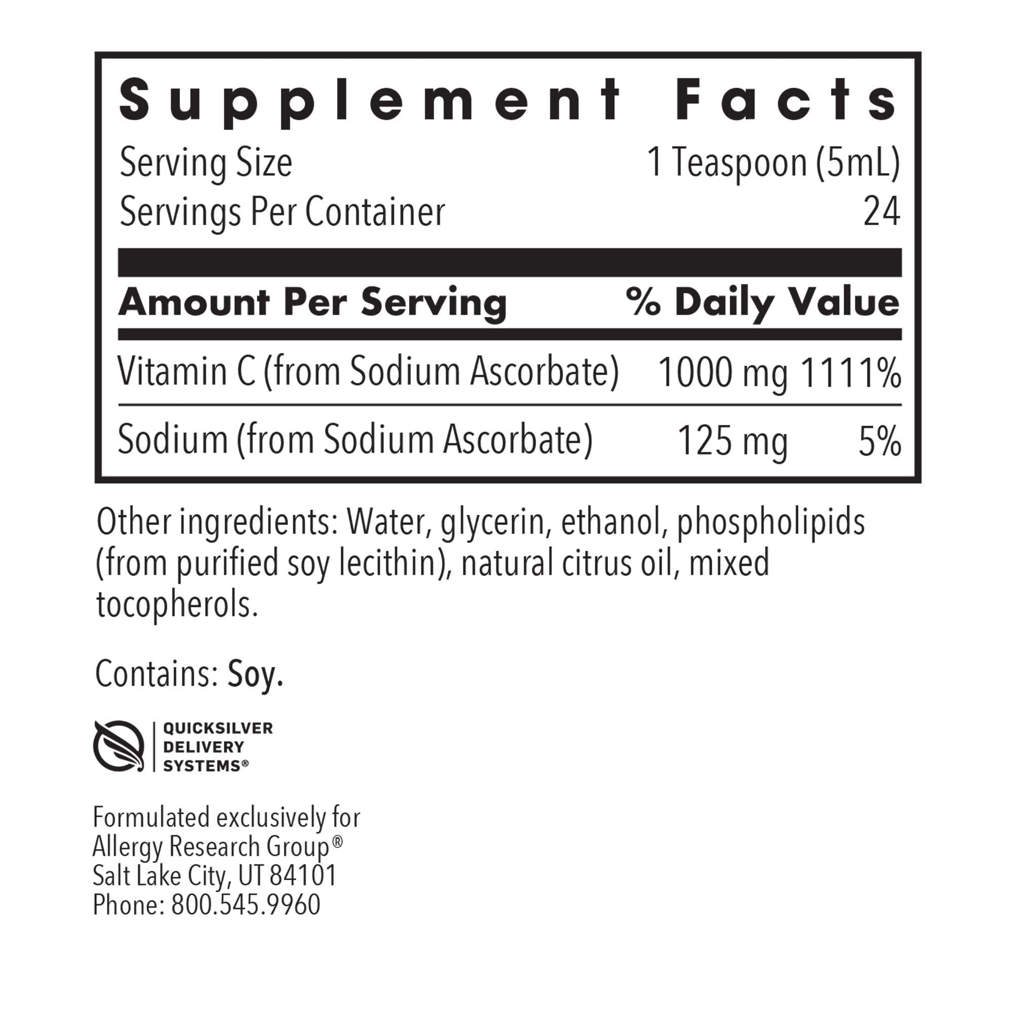 Allergy Research Group Micro Liposomal C bottle label showing hypoallergenic doctor-developed formula
