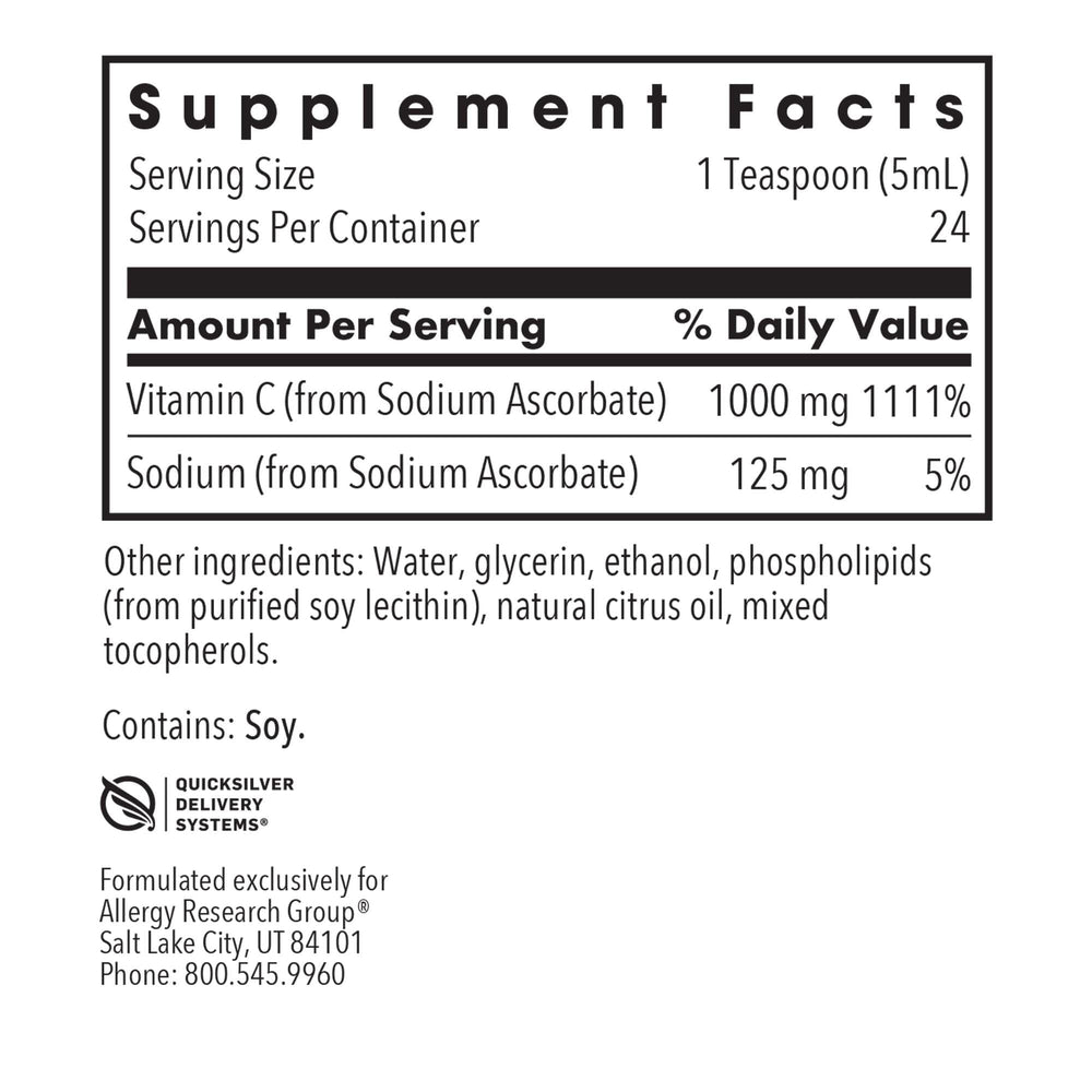 Allergy Research Group Micro Liposomal C bottle label showing hypoallergenic doctor-developed formula