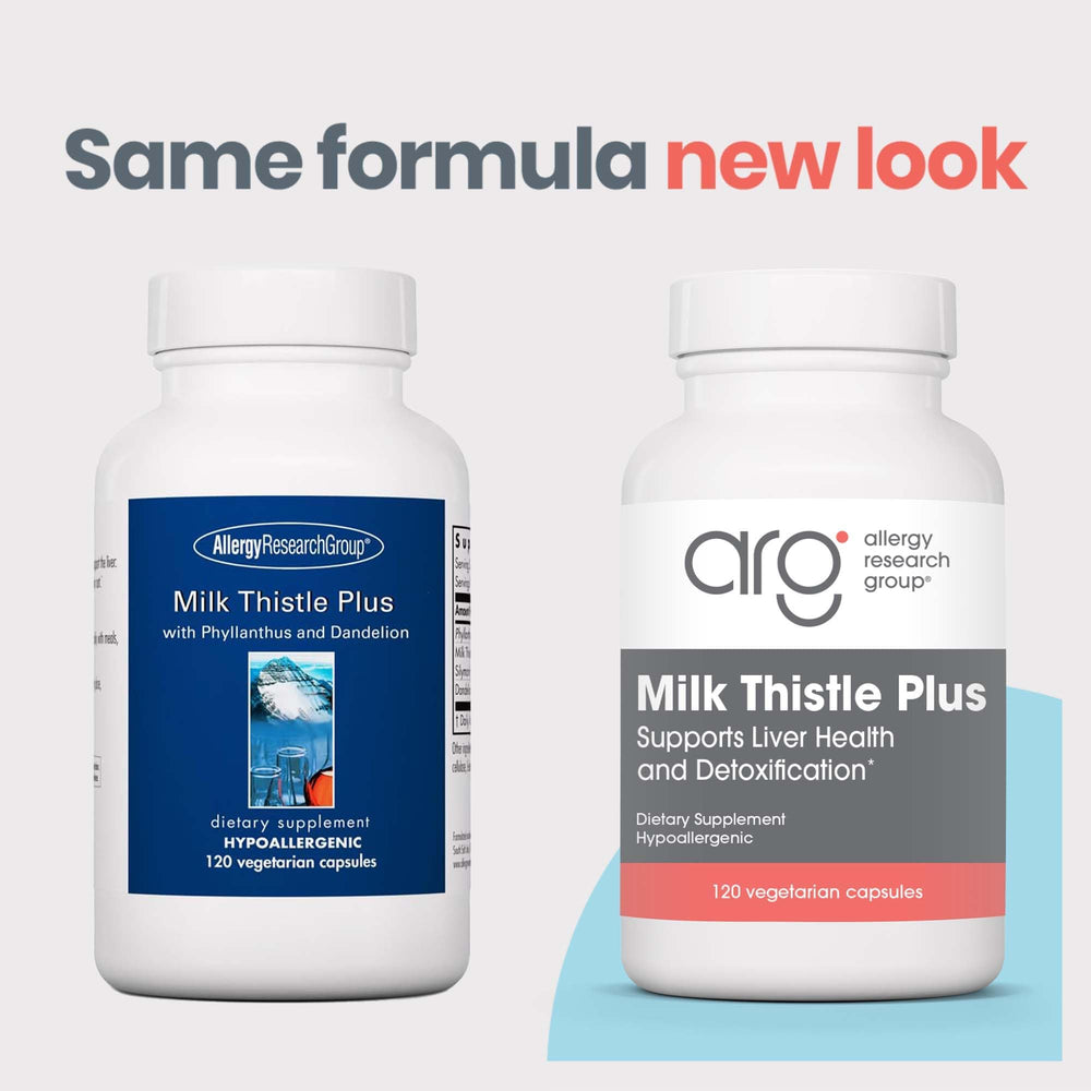 Allergy Research Group Milk Thistle Plus bottle back label detailing purity and quality control