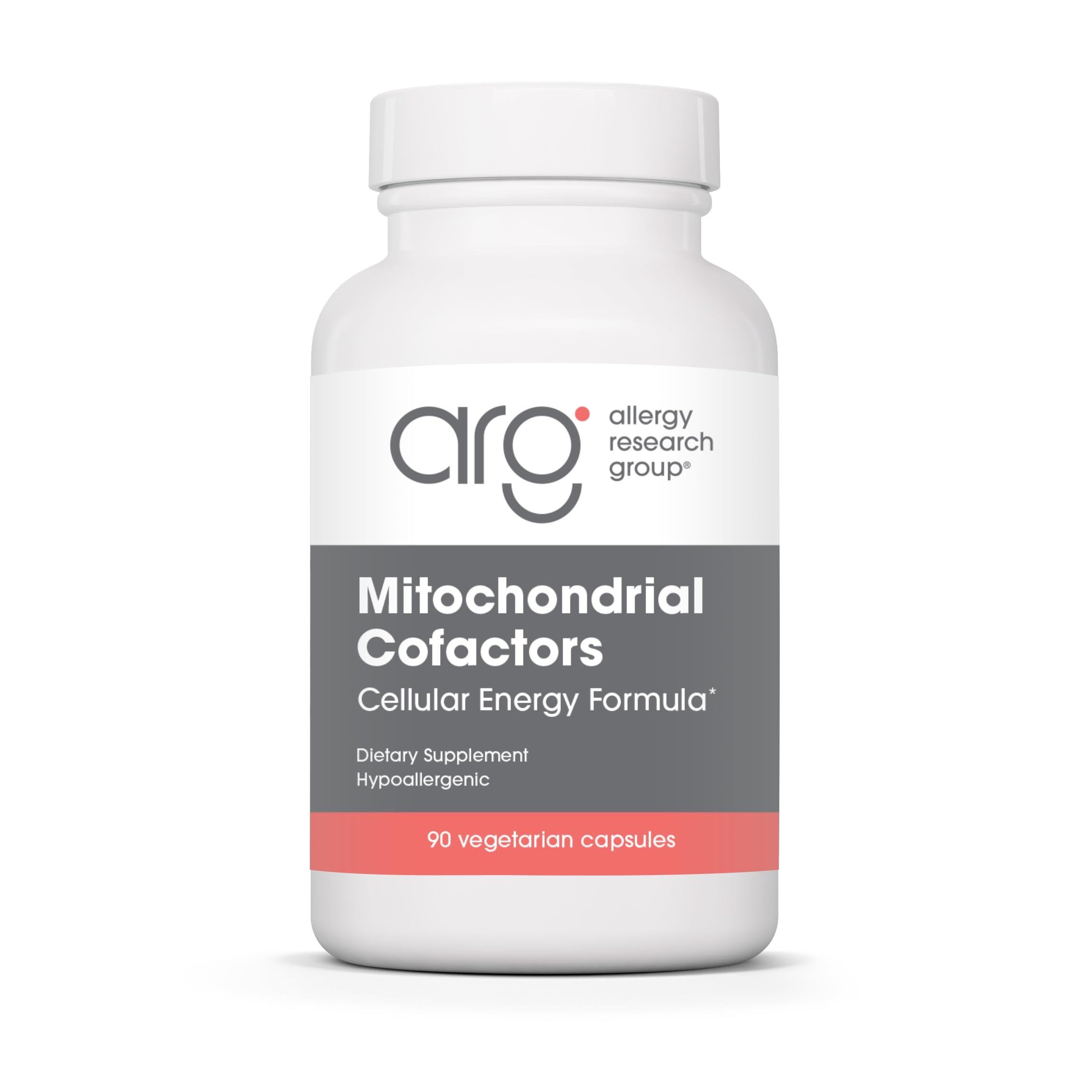 Allergy Research Group mitochondrial cofactors bottle shows capsules that may support cellular energy and mitochondria.
