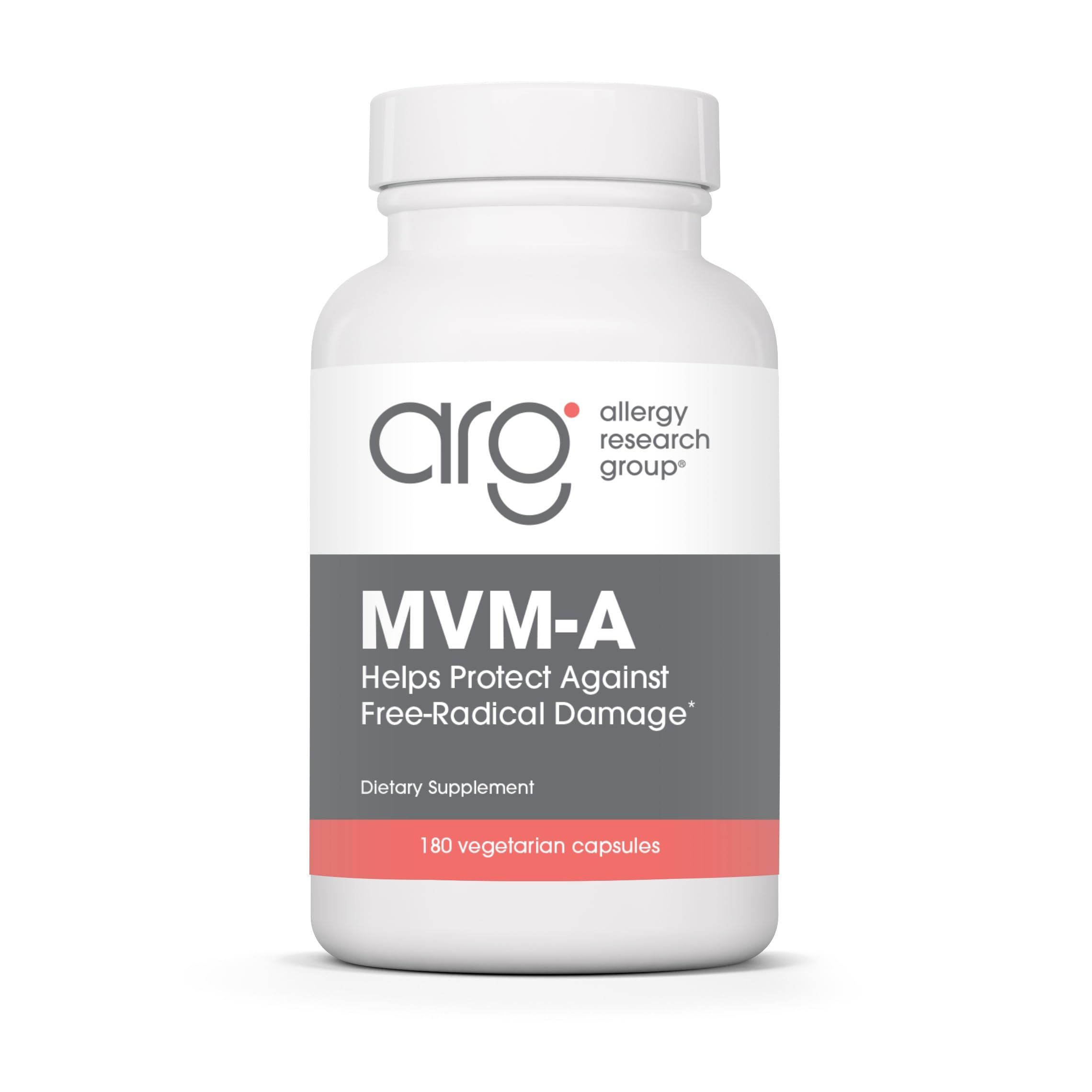 Allergy Research Group MVM-A bottle label shows a comprehensive daily multivitamin for balance.
