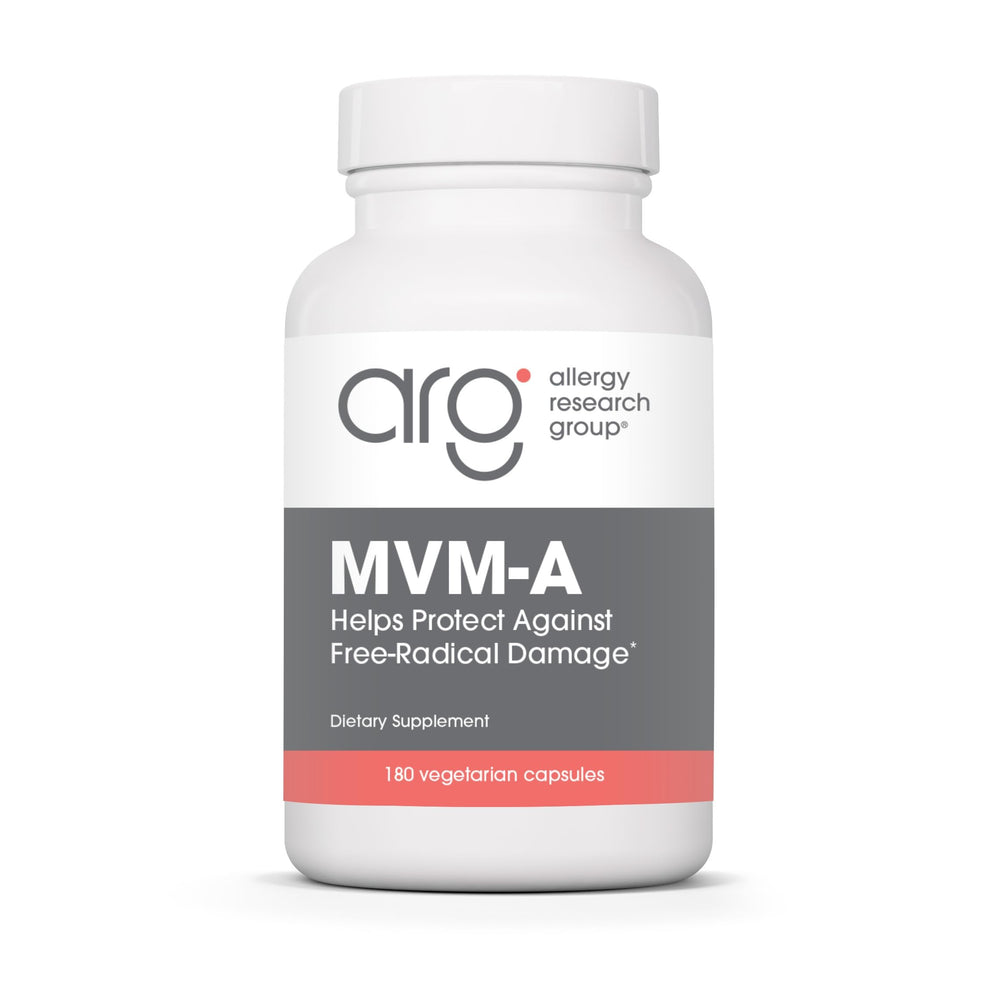 Allergy Research Group MVM-A bottle label shows a comprehensive daily multivitamin for balance.