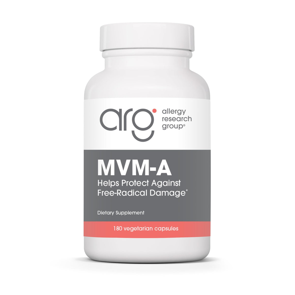 Allergy Research Group MVM-A bottle label shows a comprehensive daily multivitamin for balance.