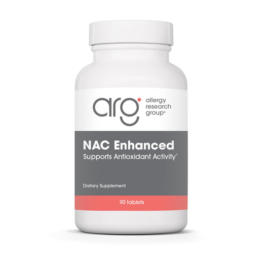 Allergy Research Group NAC Enhanced bottle front showing antioxidant support potential.