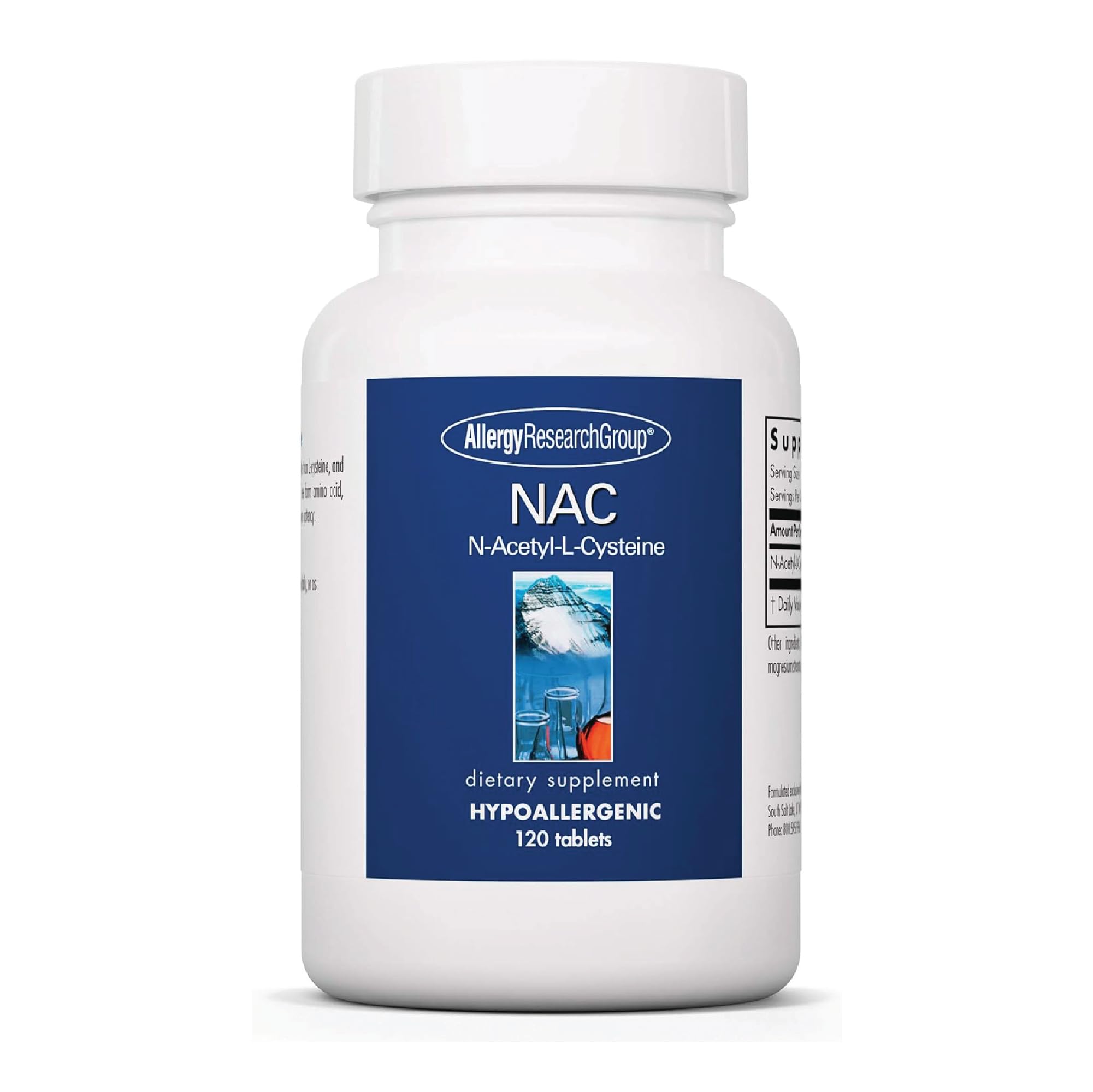 Allergy Research Group NAC tablet close-up showing 500 mg per tablet for immune support
