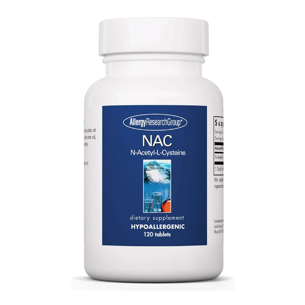 Allergy Research Group NAC tablet close-up showing 500 mg per tablet for immune support