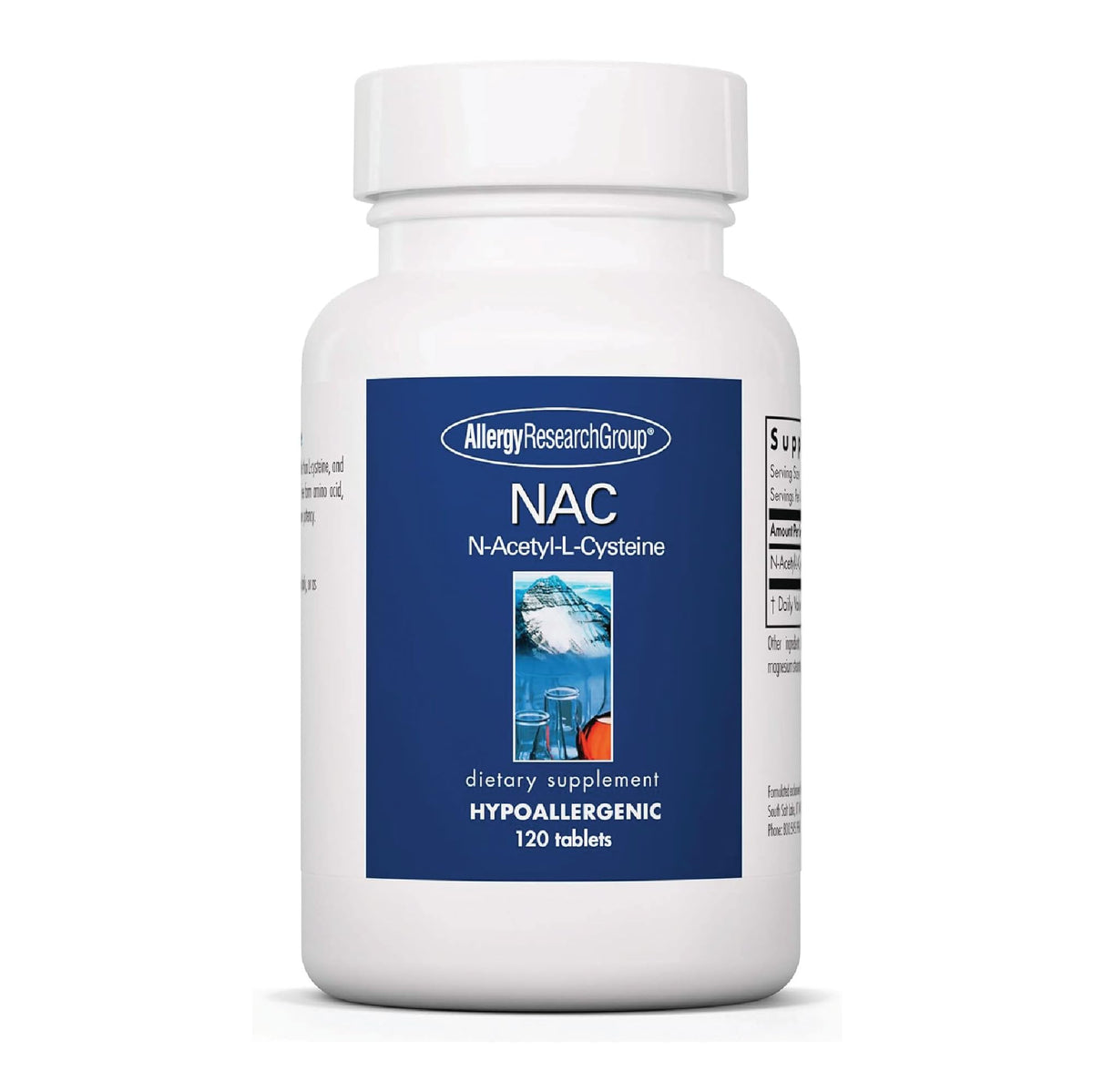 Allergy Research Group NAC tablet close-up showing 500 mg per tablet for immune support