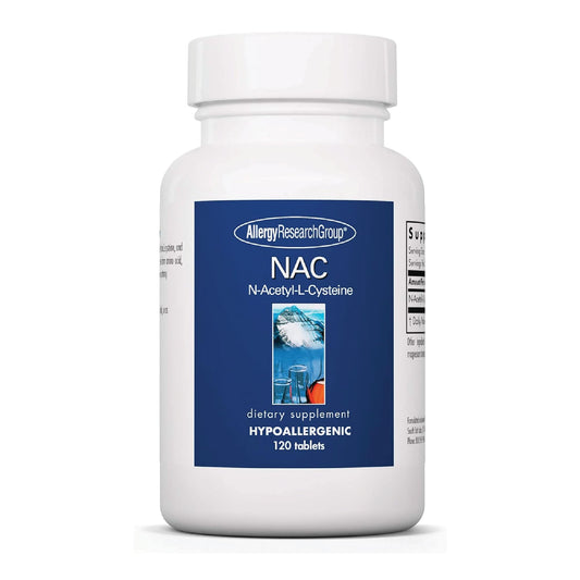 Allergy Research Group NAC tablet close-up showing 500 mg per tablet for immune support