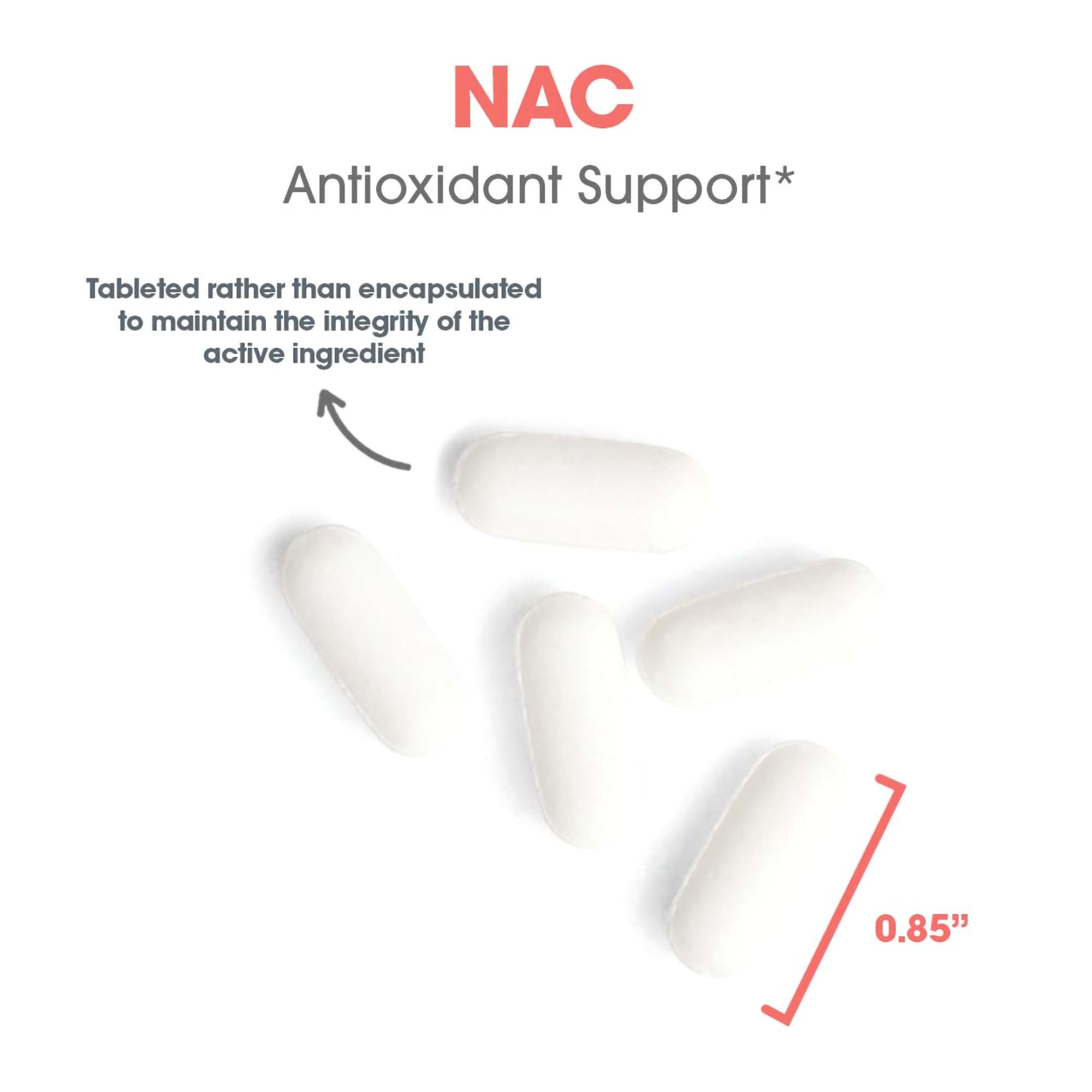 Side view of NAC tablet confirms consistent 500 mg dosage per tablet