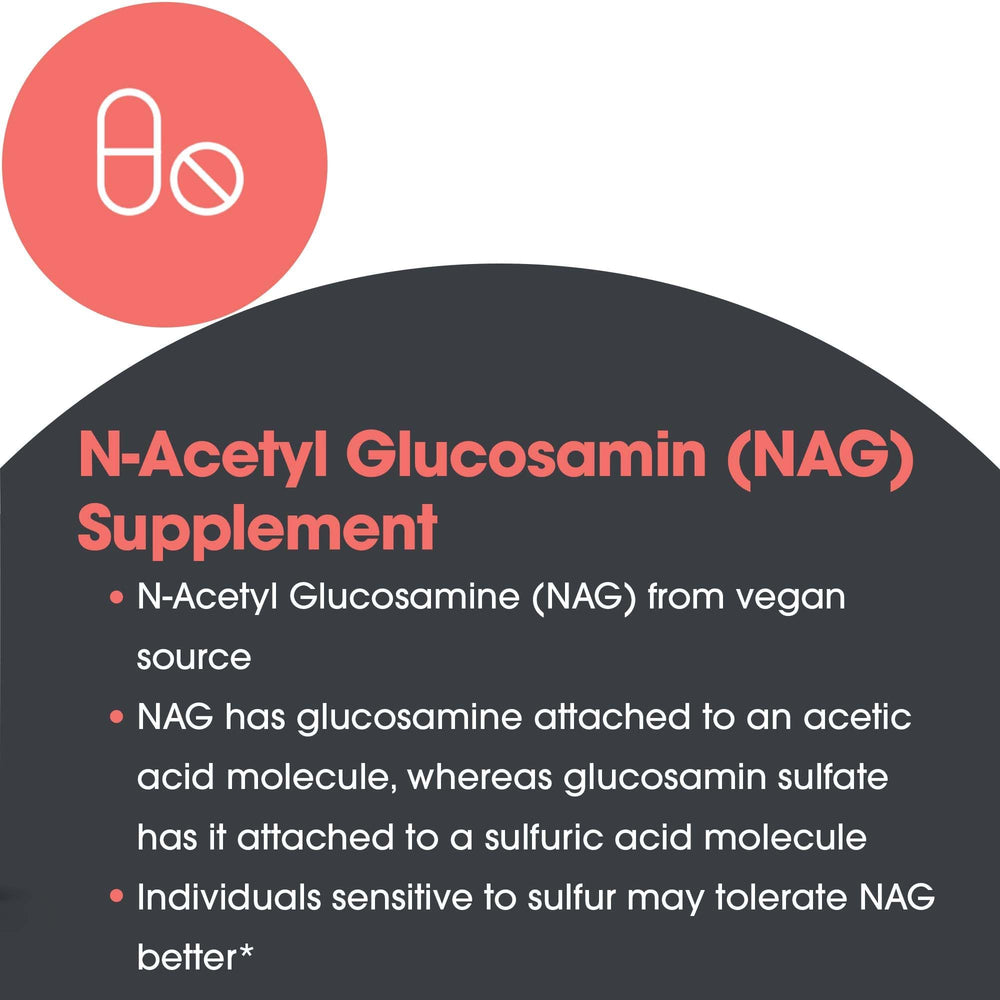 Close-up of NAG bottle emphasizing connective tissue support potential.