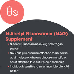 Close-up of NAG bottle emphasizing connective tissue support potential.