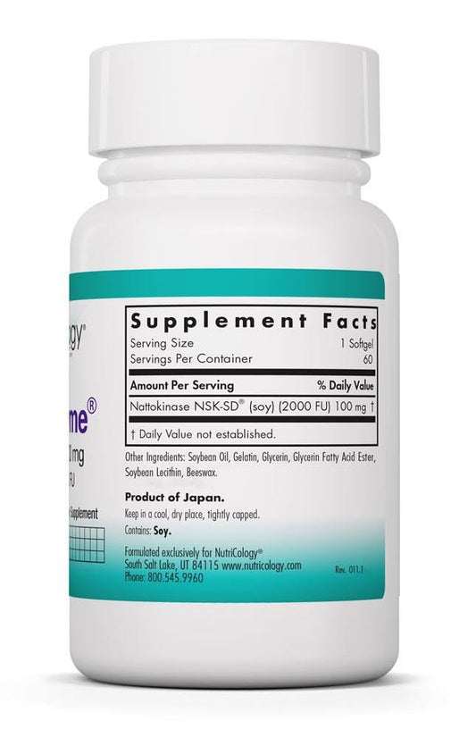 Close-up of NattoZyme label highlighting NSK-SD potency and non-GMO sourcing