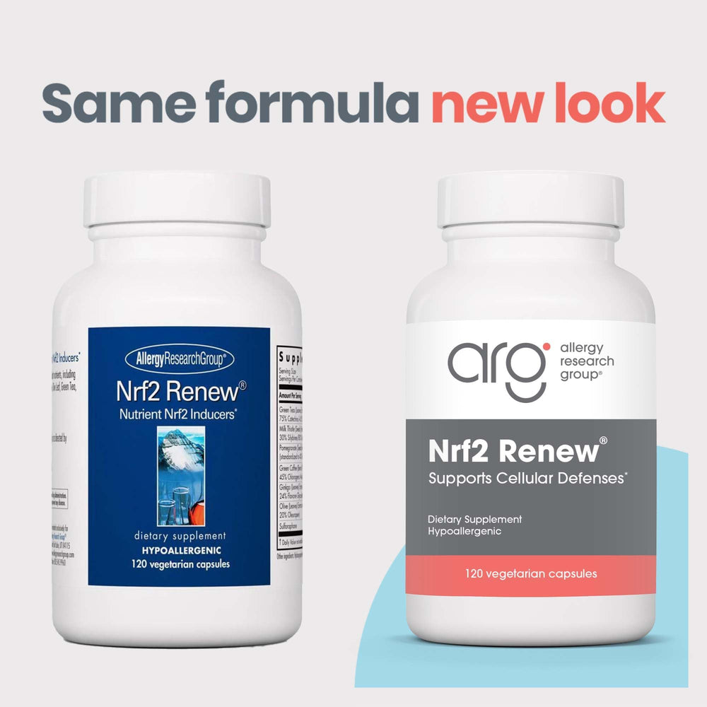 Closeup of Allergy Research Group Nrf2 Renew capsules demonstrating vegetarian supplement form