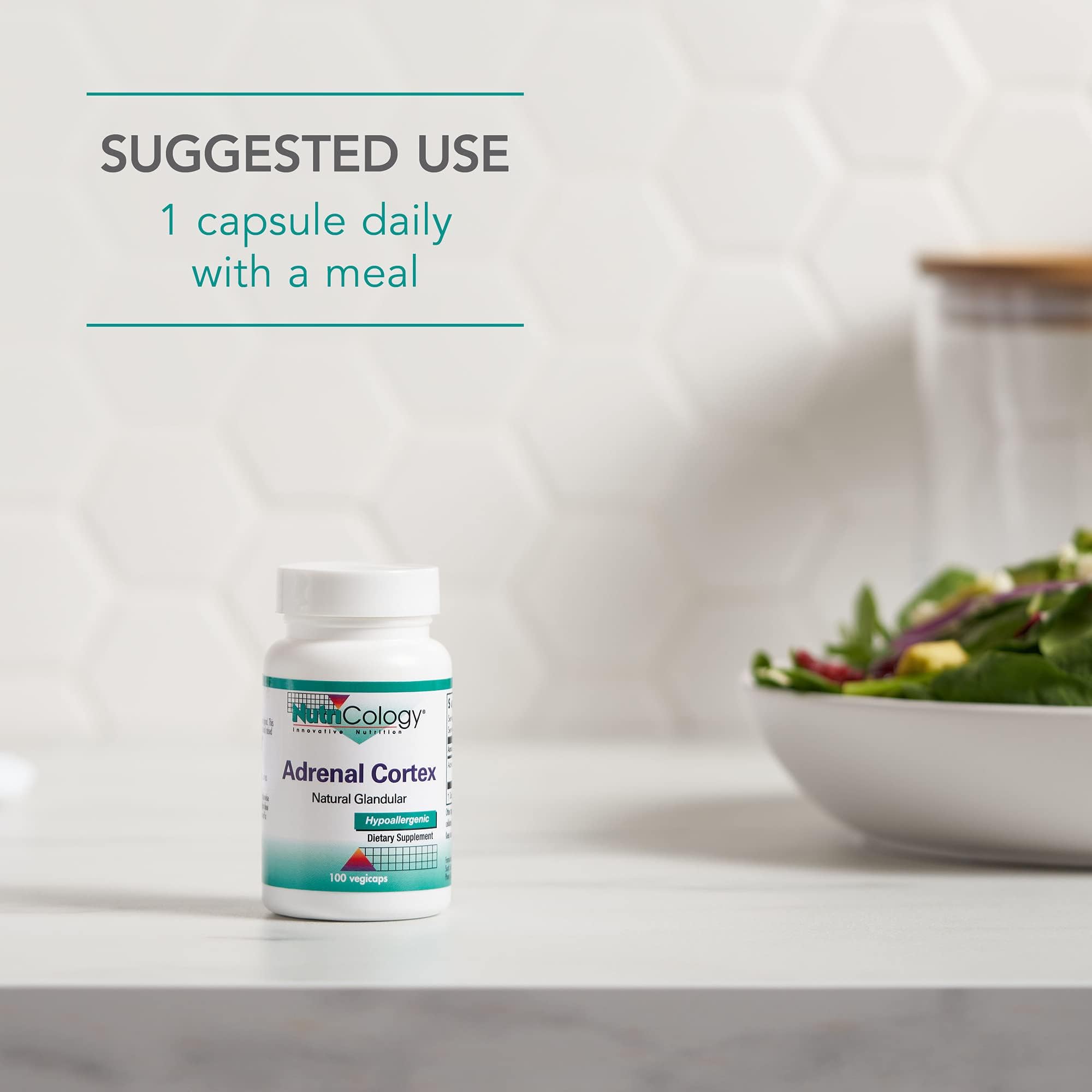 Pouring Nutricology Adrenal Support capsules demonstrates simple daily intake.
