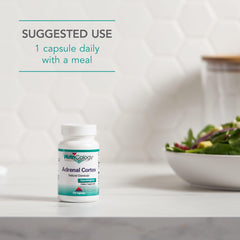 Pouring Nutricology Adrenal Support capsules demonstrates simple daily intake.
